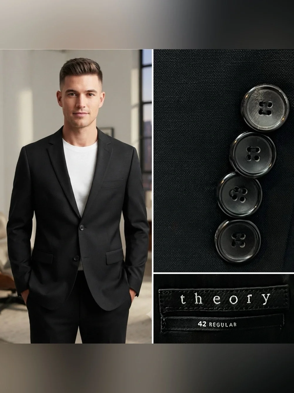 Theory Men's 42R Slim Fit Black Wool Blend Stretch Blazer Suit Jacket